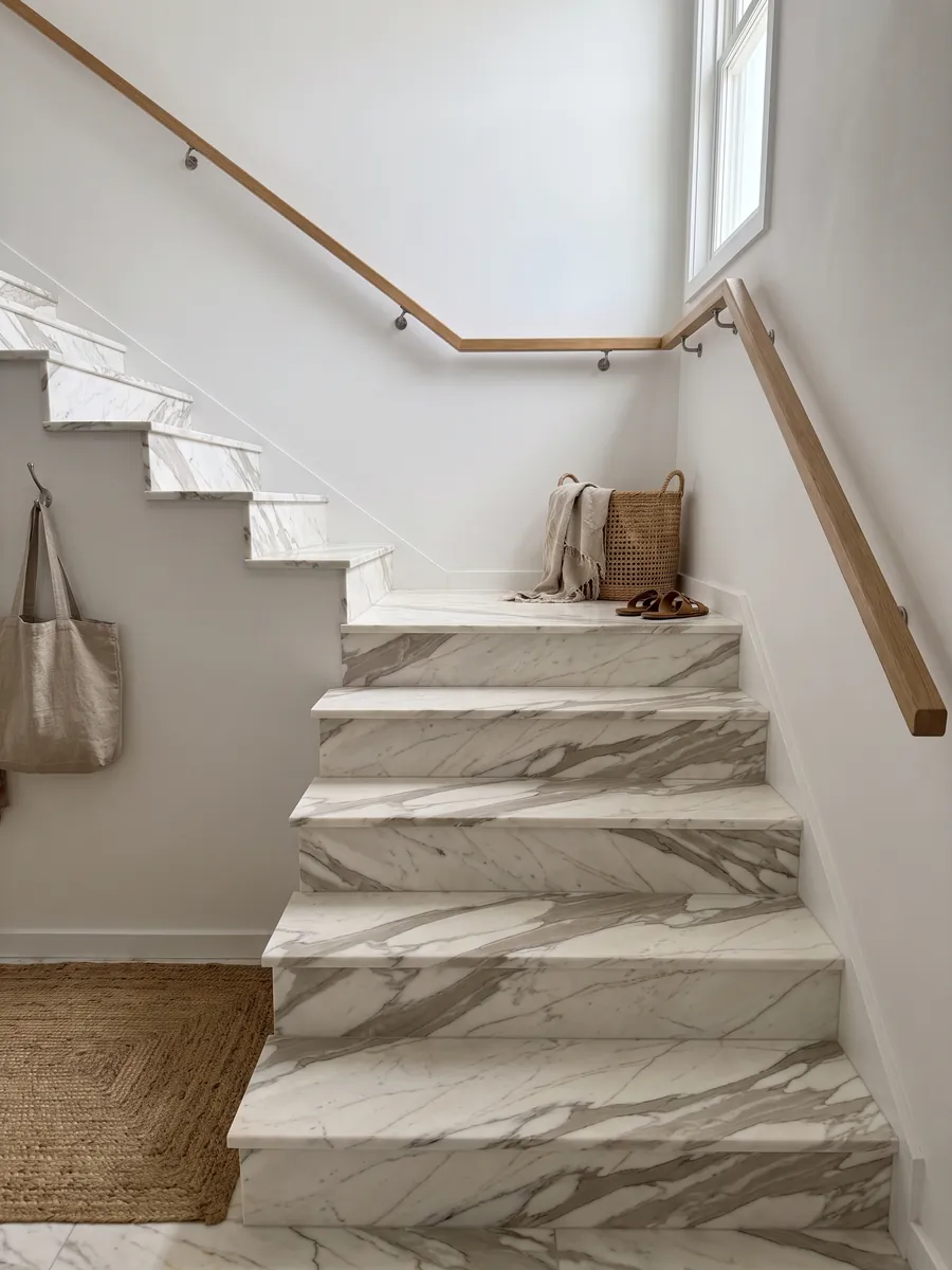 Escalera interior con peldaños de mármol blanco Calacatta Cremo con pasamanos: blanco marfil con vetas anchas gris beige y líneas finas cobrizas