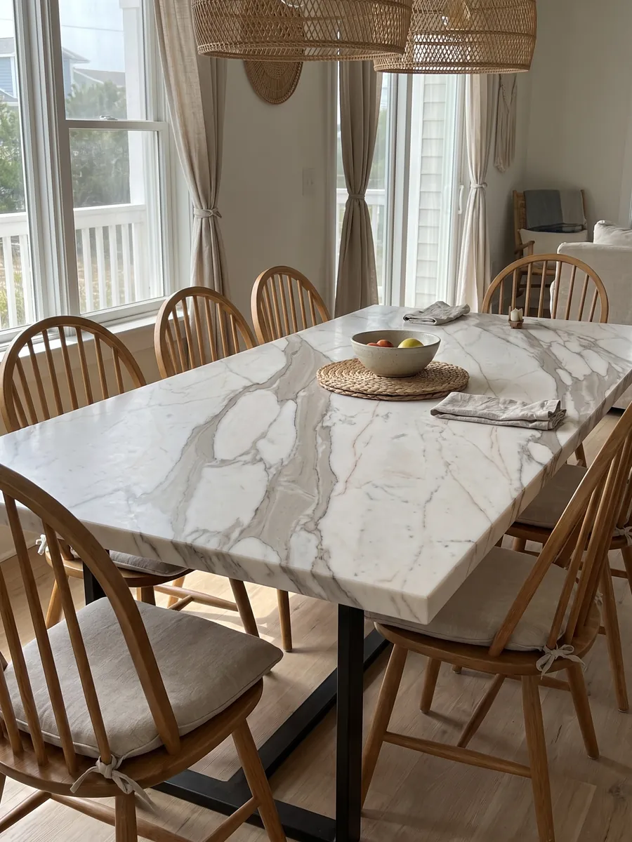 Mesa de comedor con cubierta de mármol blanco Calacatta Cremo sobre base de acero: blanco marfil con vetas anchas gris beige y líneas finas cobrizas