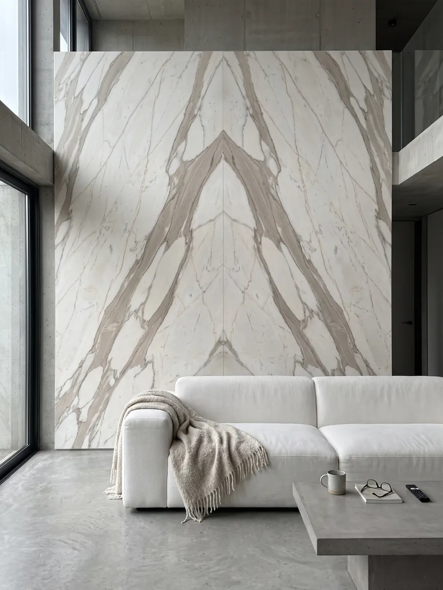 Pared de sala revestida con placas de mármol blanco Calacatta Cremo abiertas en libro detrás de un sofá: blanco marfil con vetas anchas gris beige y líneas finas cobrizas