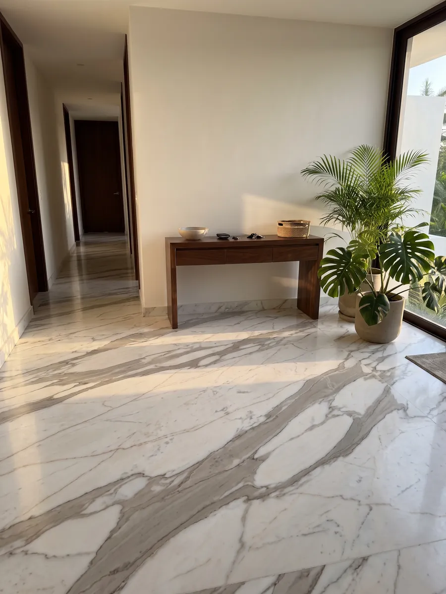 Piso de recibidor en placas grandes de mármol blanco Calacatta Cremo con luz natural: blanco marfil con vetas anchas gris beige y líneas finas cobrizas