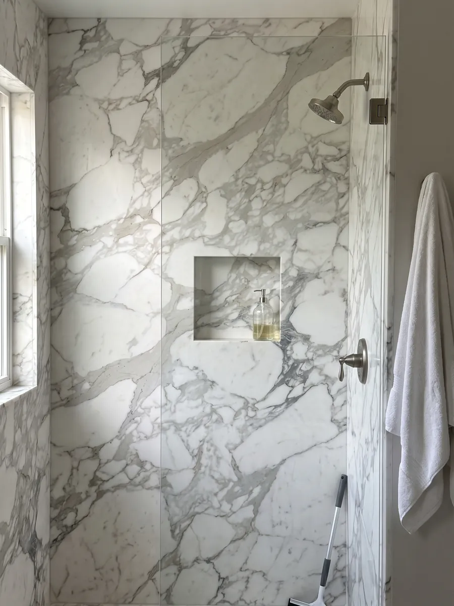Ducha revestida con placas enteras de mármol blanco Calacatta con nicho empotrado: grandes fragmentos blancos envueltos en vetas gris claro anchas y difusas