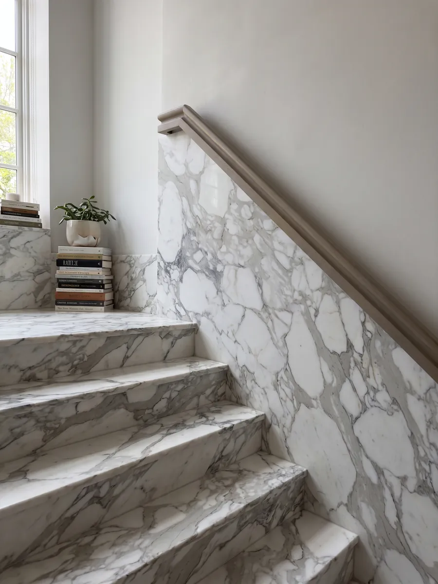 Escalera interior con peldaños de mármol blanco Calacatta con pasamanos: grandes fragmentos blancos envueltos en vetas gris claro anchas y difusas