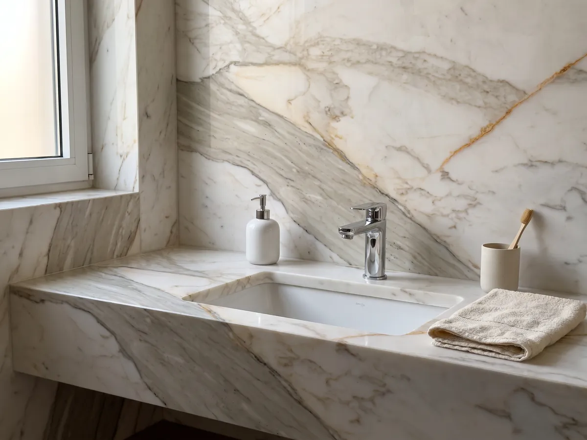 Cubierta de lavabo y pared de baño en mármol blanco Calacatta Macchia Vecchia con lavamanos blanco y grifería cromada: blanco cálido con una banda gris beige en diagonal y finas vetas doradas