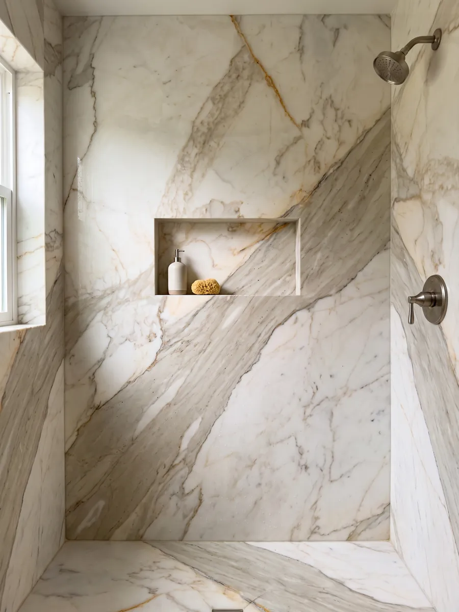 Ducha revestida con placas enteras de mármol blanco Calacatta Macchia Vecchia con nicho empotrado: blanco cálido con una banda gris beige en diagonal y finas vetas doradas