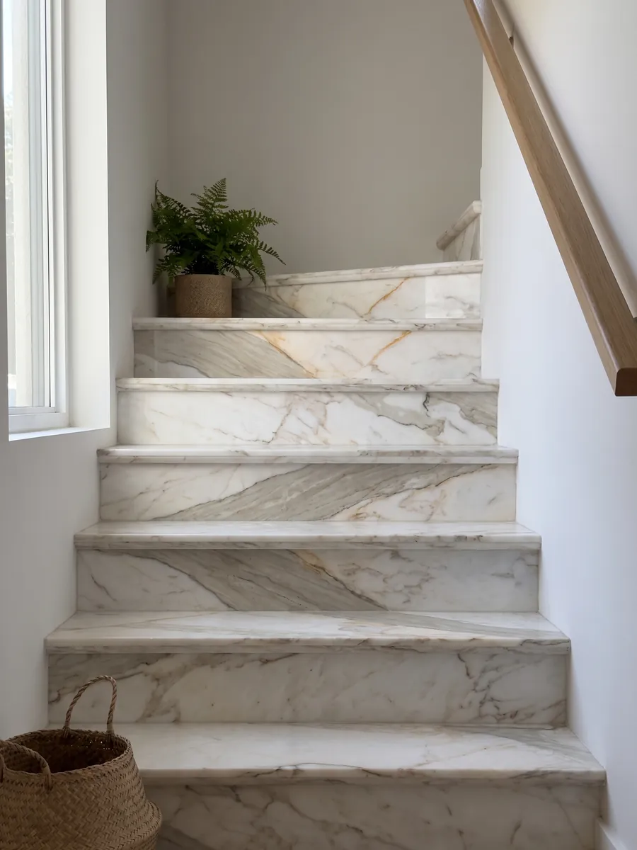 Escalera interior con peldaños de mármol blanco Calacatta Macchia Vecchia con pasamanos: blanco cálido con una banda gris beige en diagonal y finas vetas doradas