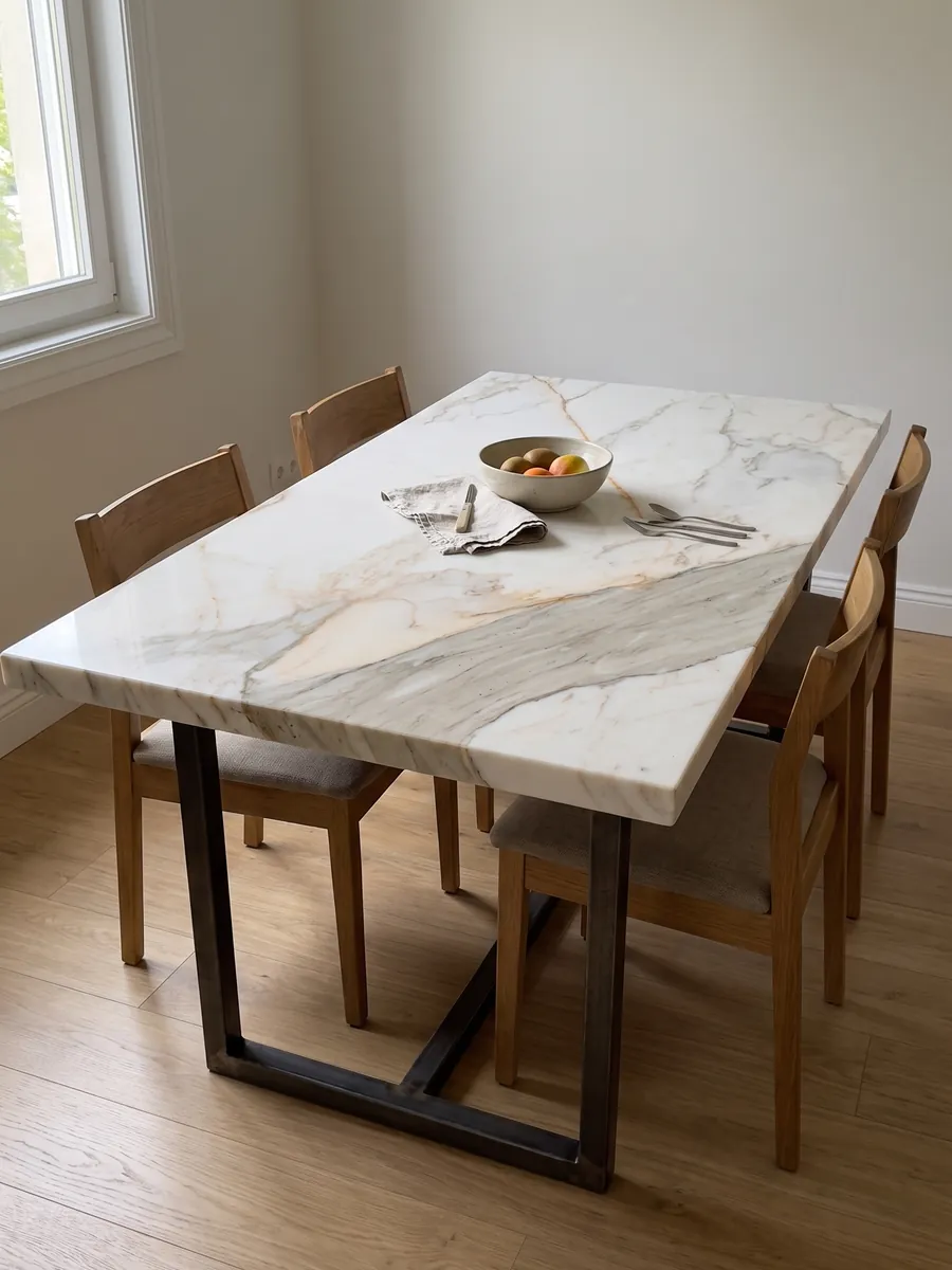 Mesa de comedor con cubierta de mármol blanco Calacatta Macchia Vecchia sobre base de acero: blanco cálido con una banda gris beige en diagonal y finas vetas doradas