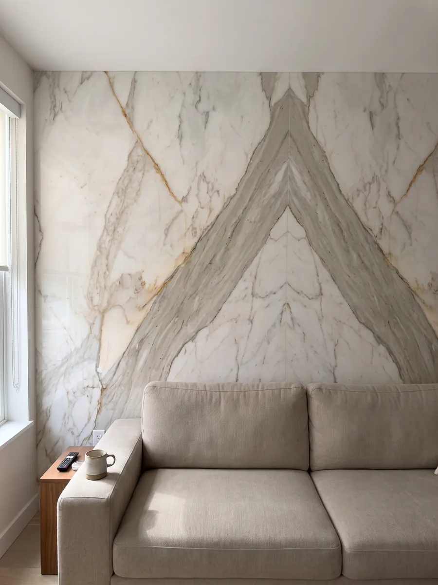 Pared de sala revestida con placas de mármol blanco Calacatta Macchia Vecchia abiertas en libro detrás de un sofá: blanco cálido con una banda gris beige en diagonal y finas vetas doradas