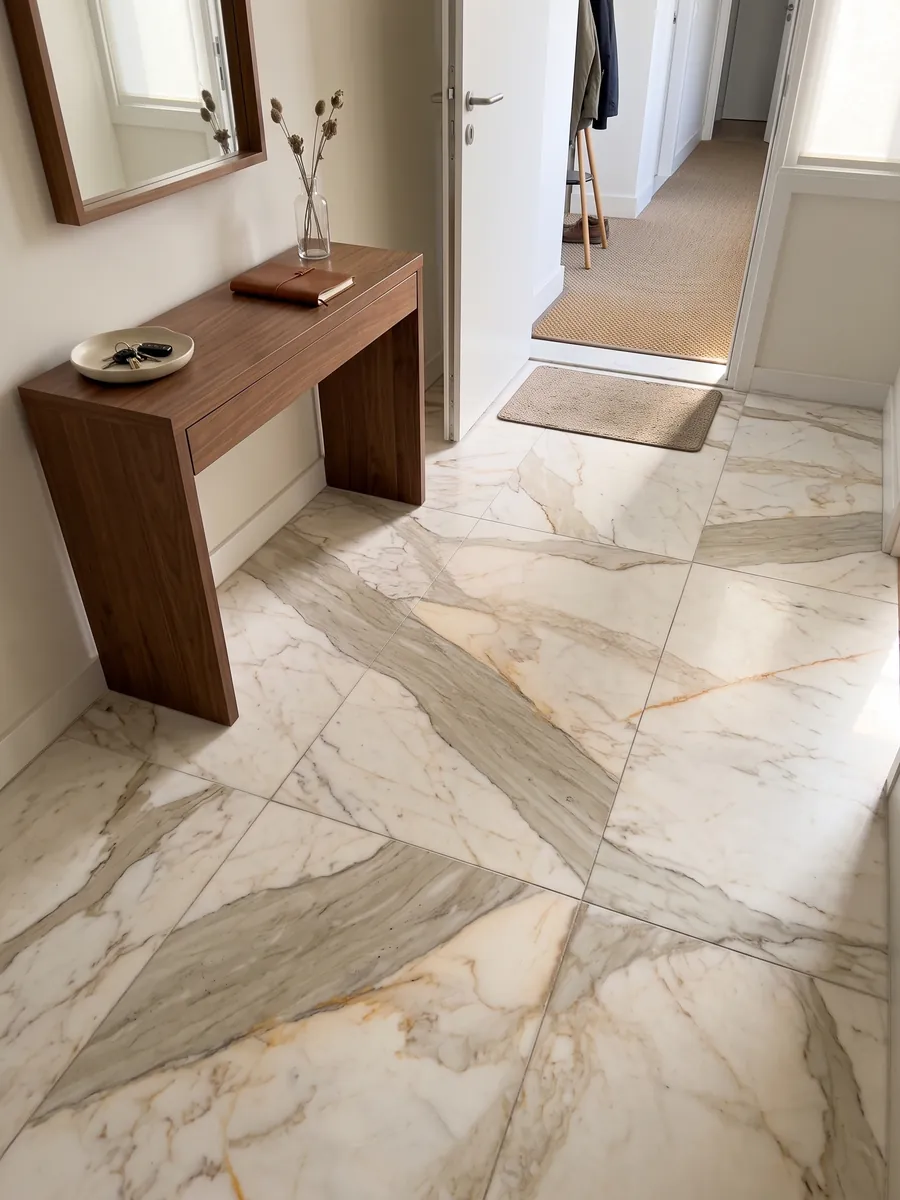 Piso de recibidor en placas grandes de mármol blanco Calacatta Macchia Vecchia con luz natural: blanco cálido con una banda gris beige en diagonal y finas vetas doradas