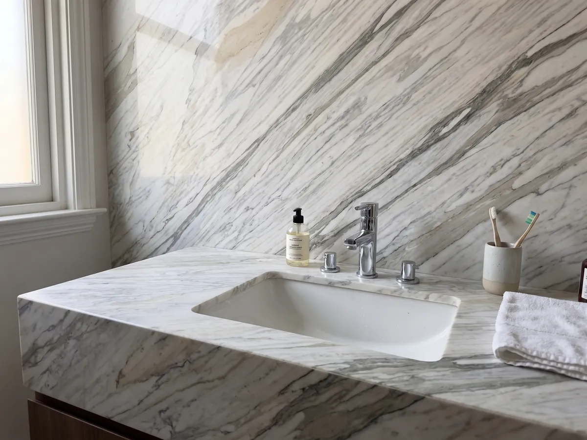 Cubierta de lavabo y pared de baño en mármol blanco Calacatta Manhattan con lavamanos blanco y grifería cromada: blanco con vetas grises finas y suaves que fluyen en diagonal