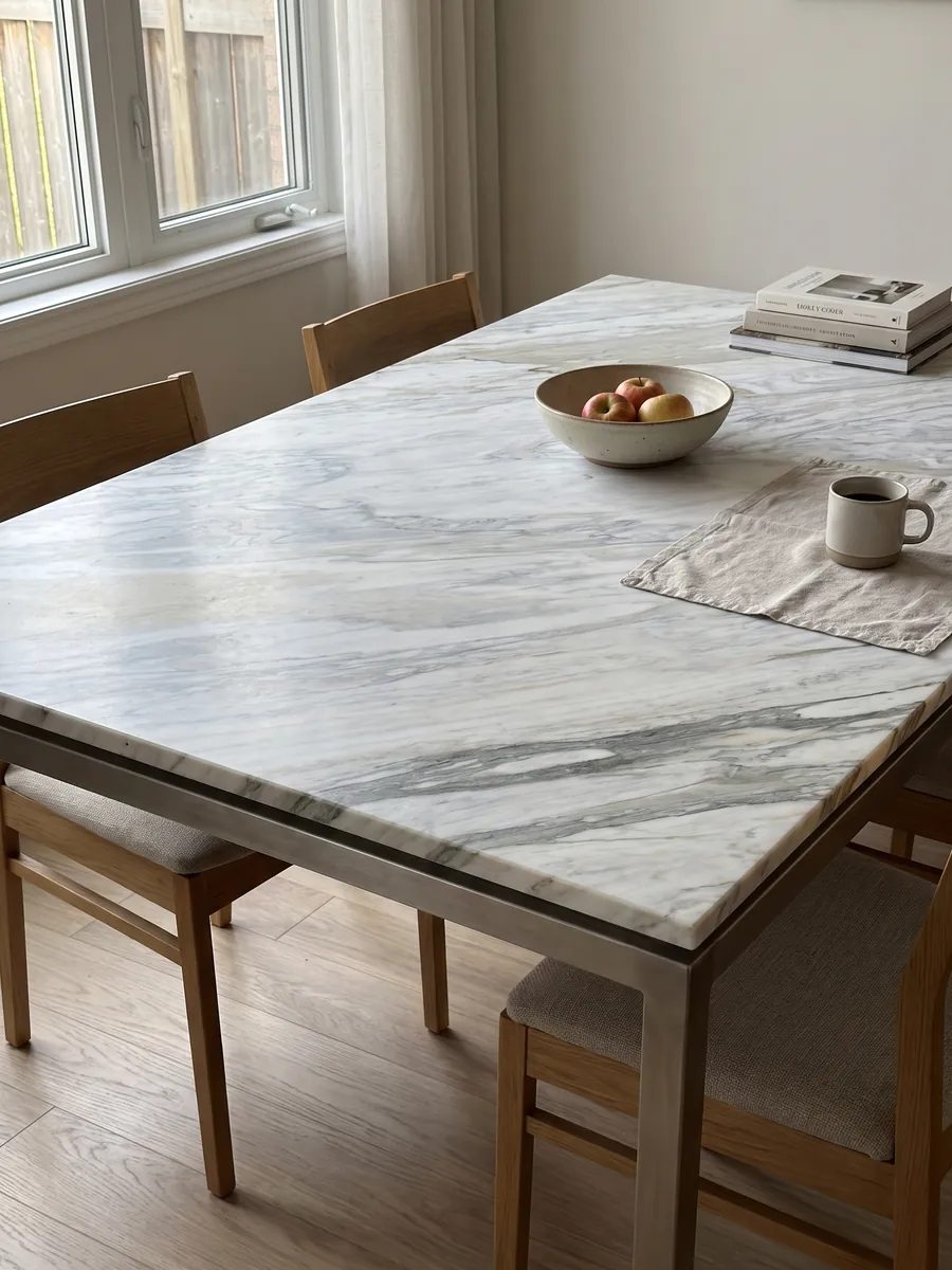 Mesa de comedor con cubierta de mármol blanco Calacatta Manhattan sobre base de acero: blanco con vetas grises finas y suaves que fluyen en diagonal