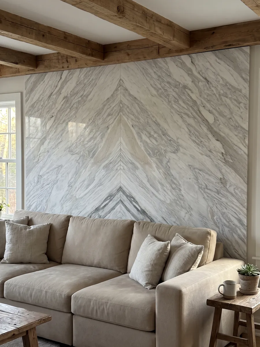 Pared de sala revestida con placas de mármol blanco Calacatta Manhattan abiertas en libro detrás de un sofá: blanco con vetas grises finas y suaves que fluyen en diagonal