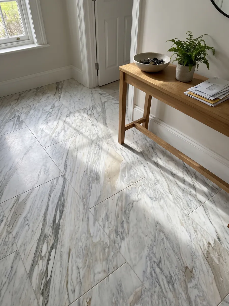 Piso de recibidor en placas grandes de mármol blanco Calacatta Manhattan con luz natural: blanco con vetas grises finas y suaves que fluyen en diagonal