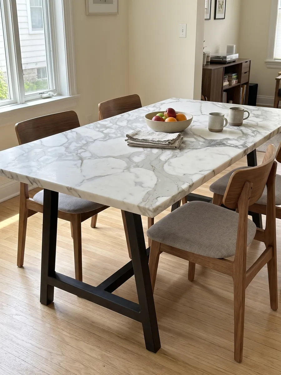 Mesa de comedor con cubierta de mármol blanco Calacatta sobre base de acero: grandes fragmentos blancos envueltos en vetas gris claro anchas y difusas