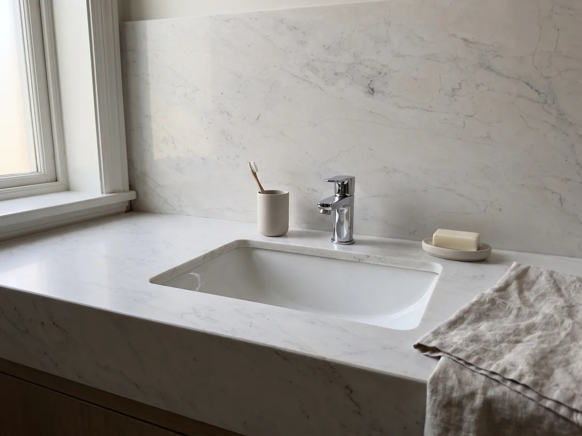 Cubierta de lavabo y pared de baño en mármol blanco Calacatta Michelangelo con lavamanos blanco y grifería cromada: blanco grisáceo casi liso con pocas marcas grises muy suaves