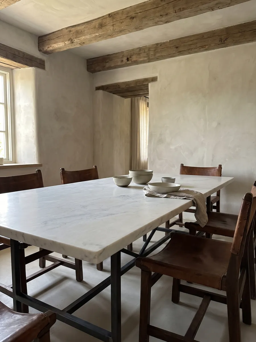 Mesa de comedor con cubierta de mármol blanco Calacatta Michelangelo sobre base de acero: blanco grisáceo casi liso con pocas marcas grises muy suaves