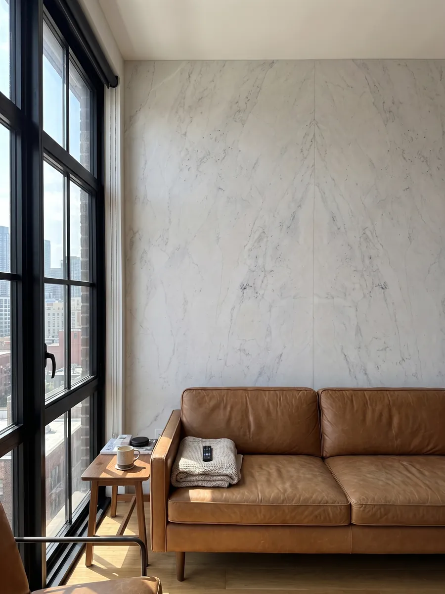 Pared de sala revestida con placas de mármol blanco Calacatta Michelangelo abiertas en libro detrás de un sofá: blanco grisáceo casi liso con pocas marcas grises muy suaves