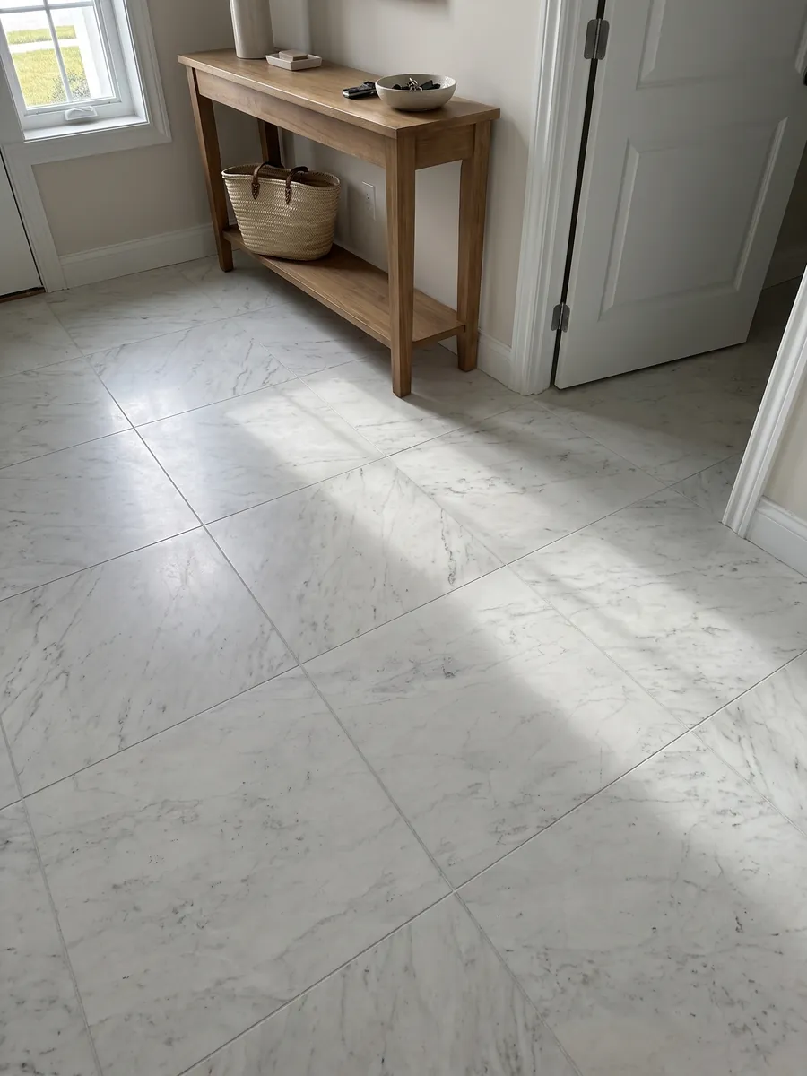 Piso de recibidor en placas grandes de mármol blanco Calacatta Michelangelo con luz natural: blanco grisáceo casi liso con pocas marcas grises muy suaves