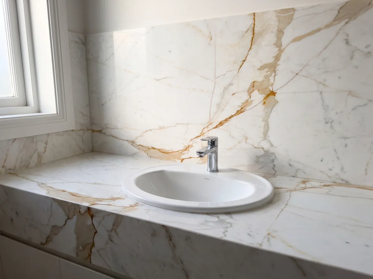 Cubierta de lavabo y pared de baño en mármol blanco Calacatta Oro con lavamanos blanco y grifería cromada: blanco con una veta ocre dorada marcada en diagonal y ramificaciones finas