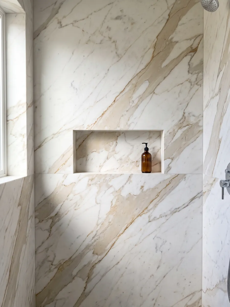 Ducha revestida con placas enteras de mármol blanco Calacatta Oro con nicho empotrado: blanco con una veta ocre dorada marcada en diagonal y ramificaciones finas