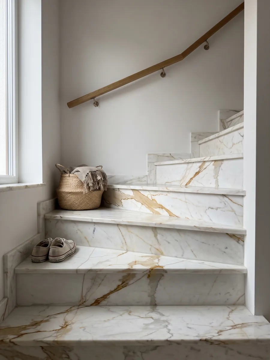 Escalera interior con peldaños de mármol blanco Calacatta Oro con pasamanos: blanco con una veta ocre dorada marcada en diagonal y ramificaciones finas