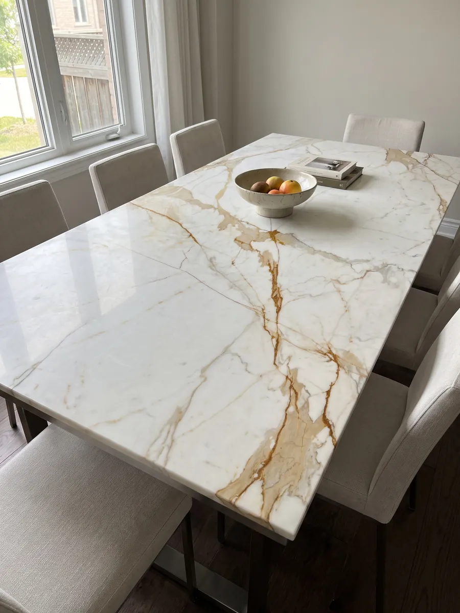 Mesa de comedor con cubierta de mármol blanco Calacatta Oro sobre base de acero: blanco con una veta ocre dorada marcada en diagonal y ramificaciones finas