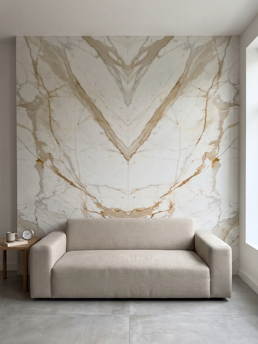Pared de sala revestida con placas de mármol blanco Calacatta Oro abiertas en libro detrás de un sofá: blanco con una veta ocre dorada marcada en diagonal y ramificaciones finas