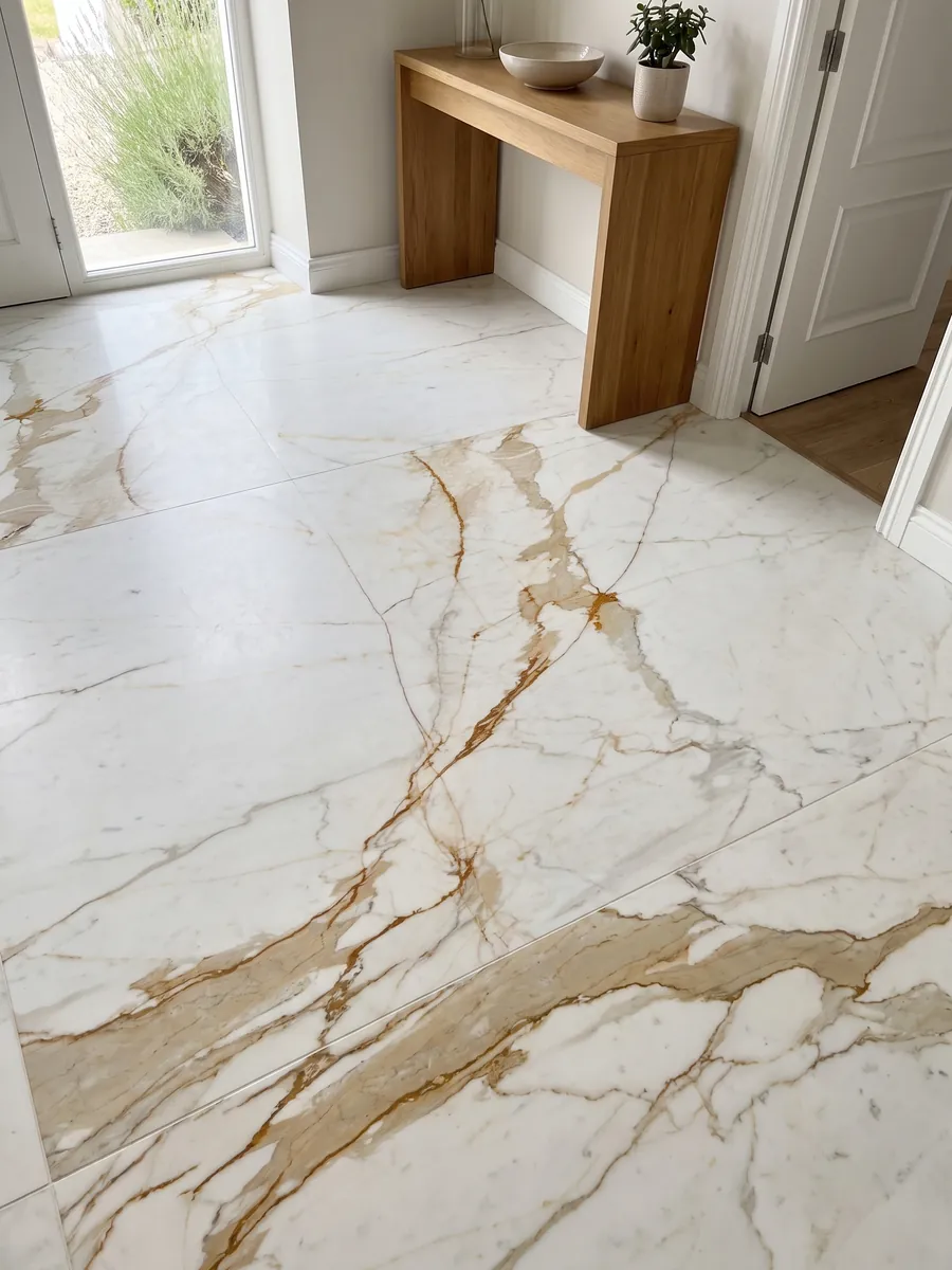Piso de recibidor en placas grandes de mármol blanco Calacatta Oro con luz natural: blanco con una veta ocre dorada marcada en diagonal y ramificaciones finas