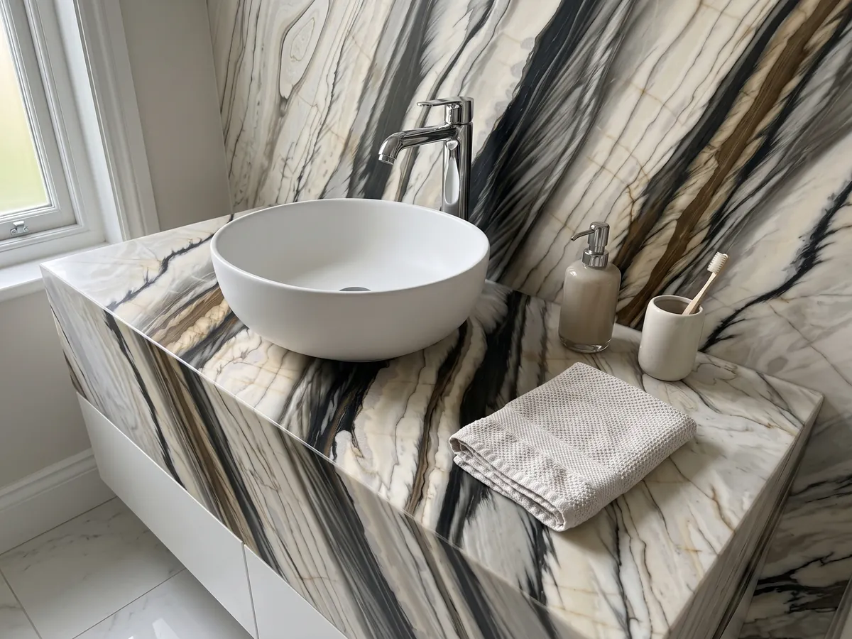 Cubierta de lavabo y pared de baño en mármol blanco Calacatta Oyster con lavamanos blanco y grifería cromada: bandas anchas negras y marrones paralelas en diagonal sobre crema