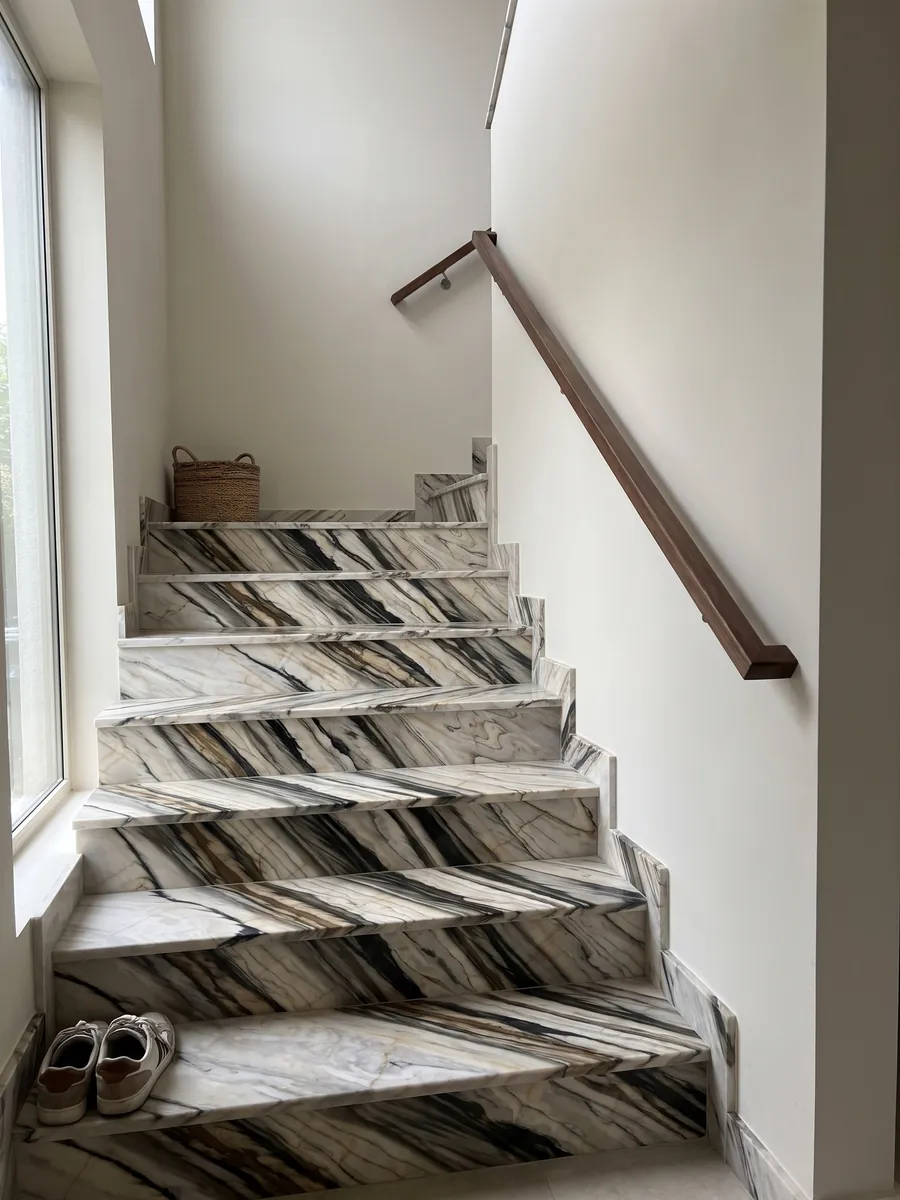 Escalera interior con peldaños de mármol blanco Calacatta Oyster con pasamanos: bandas anchas negras y marrones paralelas en diagonal sobre crema