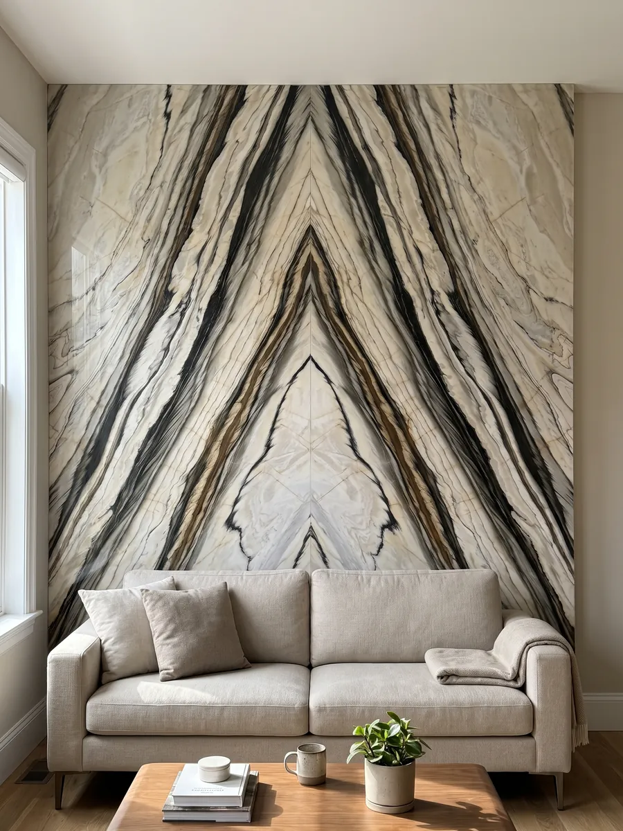 Pared de sala revestida con placas de mármol blanco Calacatta Oyster abiertas en libro detrás de un sofá: bandas anchas negras y marrones paralelas en diagonal sobre crema