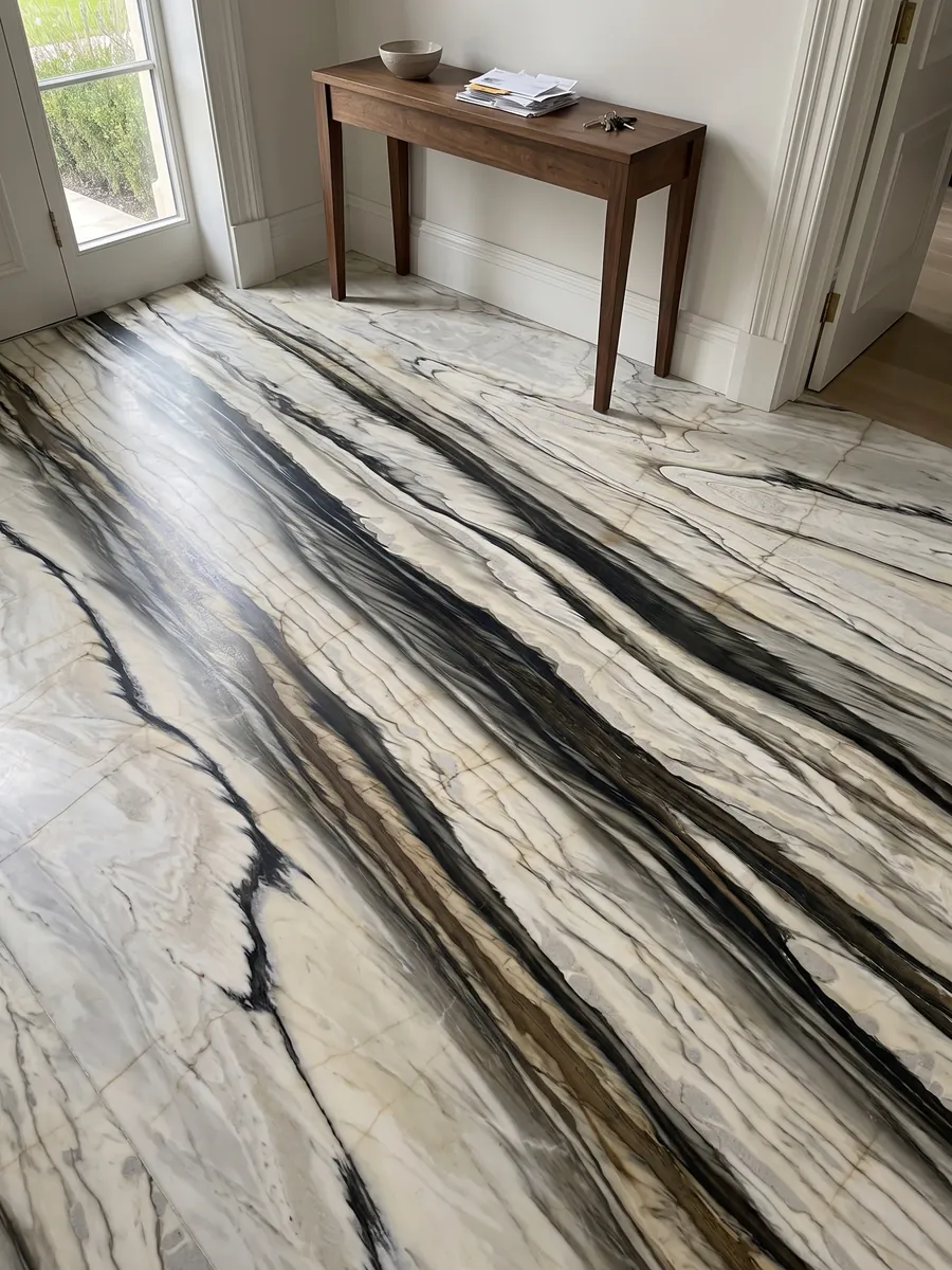 Piso de recibidor en placas grandes de mármol blanco Calacatta Oyster con luz natural: bandas anchas negras y marrones paralelas en diagonal sobre crema