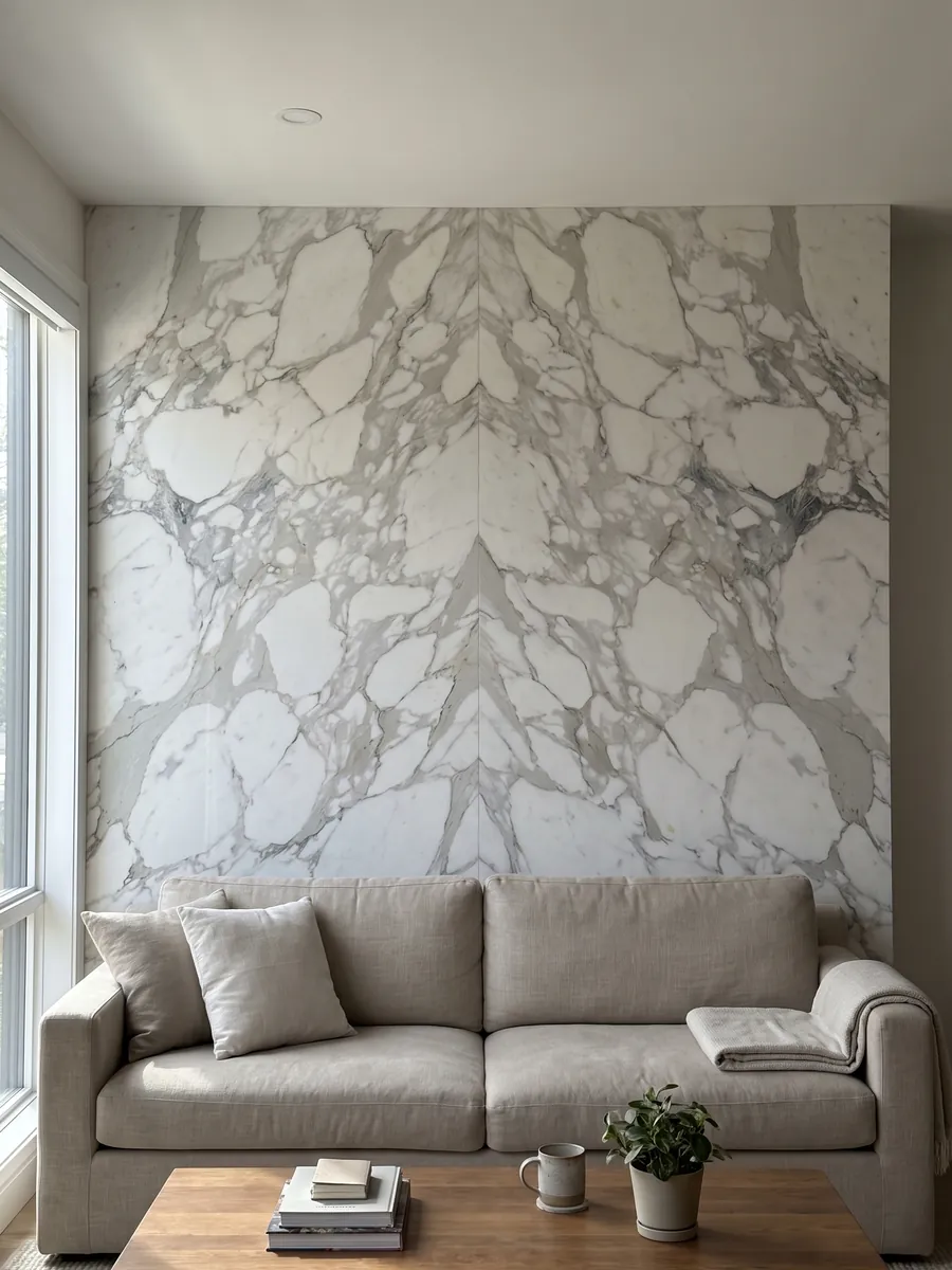Pared de sala revestida con placas de mármol blanco Calacatta abiertas en libro detrás de un sofá: grandes fragmentos blancos envueltos en vetas gris claro anchas y difusas
