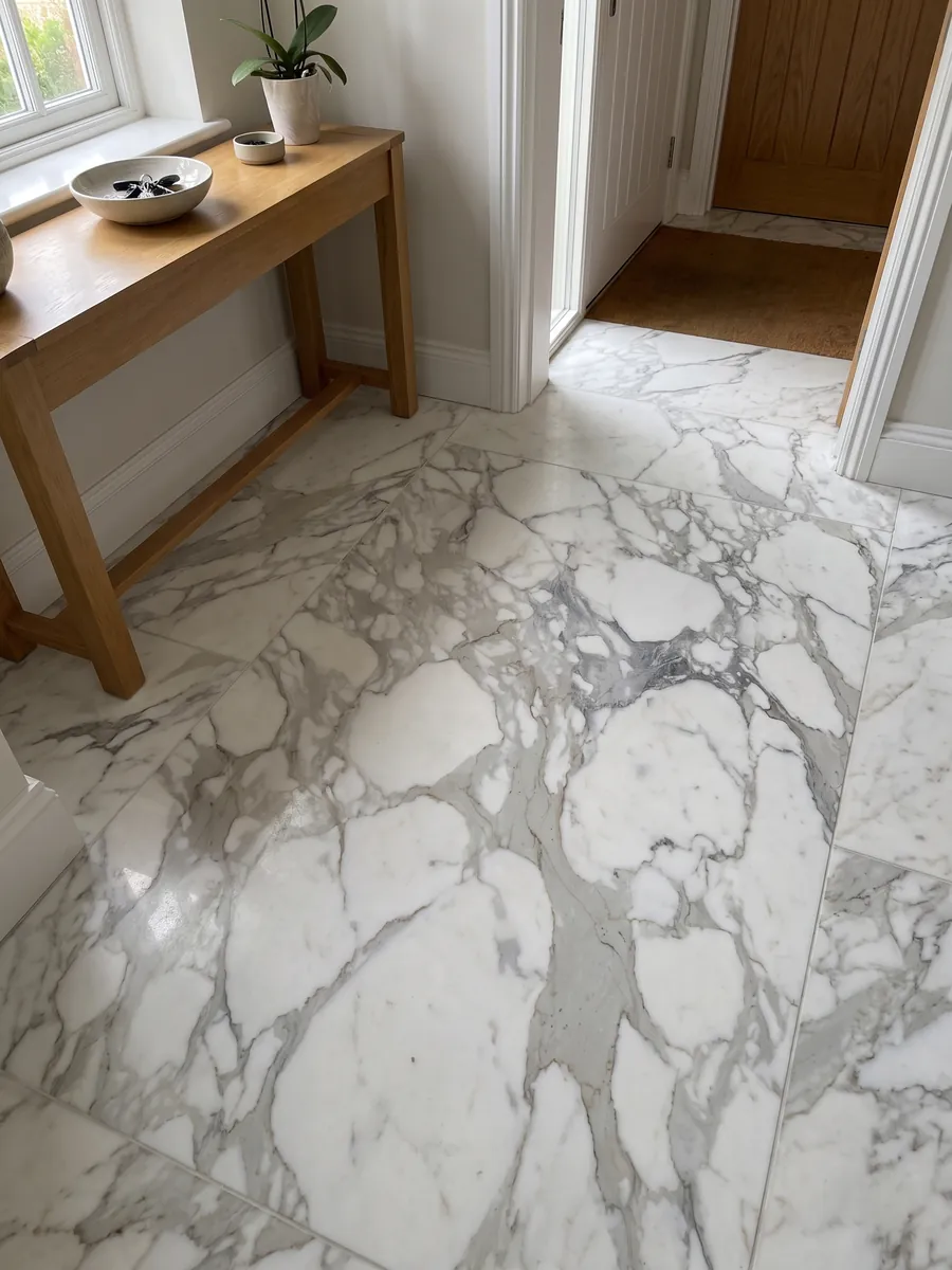Piso de recibidor en placas grandes de mármol blanco Calacatta con luz natural: grandes fragmentos blancos envueltos en vetas gris claro anchas y difusas