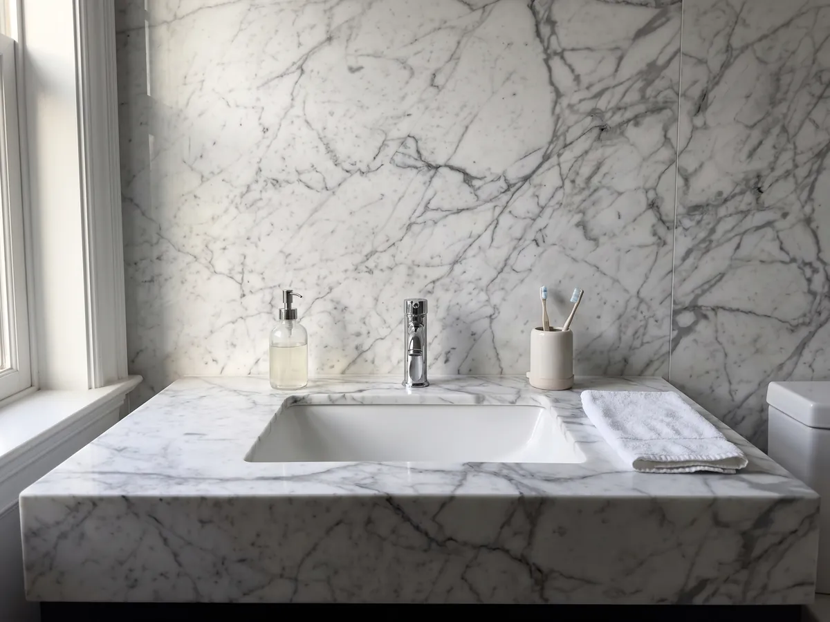 Cubierta de lavabo y pared de baño en mármol blanco Calacatta Vagli con lavamanos blanco y grifería cromada: blanco con vetas grises finas en red irregular