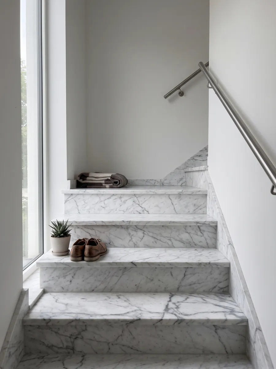 Escalera interior con peldaños de mármol blanco Calacatta Vagli con pasamanos: blanco con vetas grises finas en red irregular