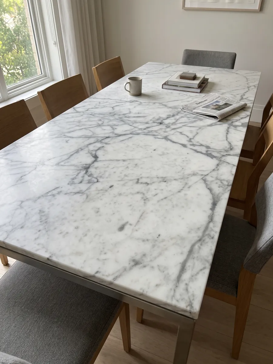 Mesa de comedor con cubierta de mármol blanco Calacatta Vagli sobre base de acero: blanco con vetas grises finas en red irregular