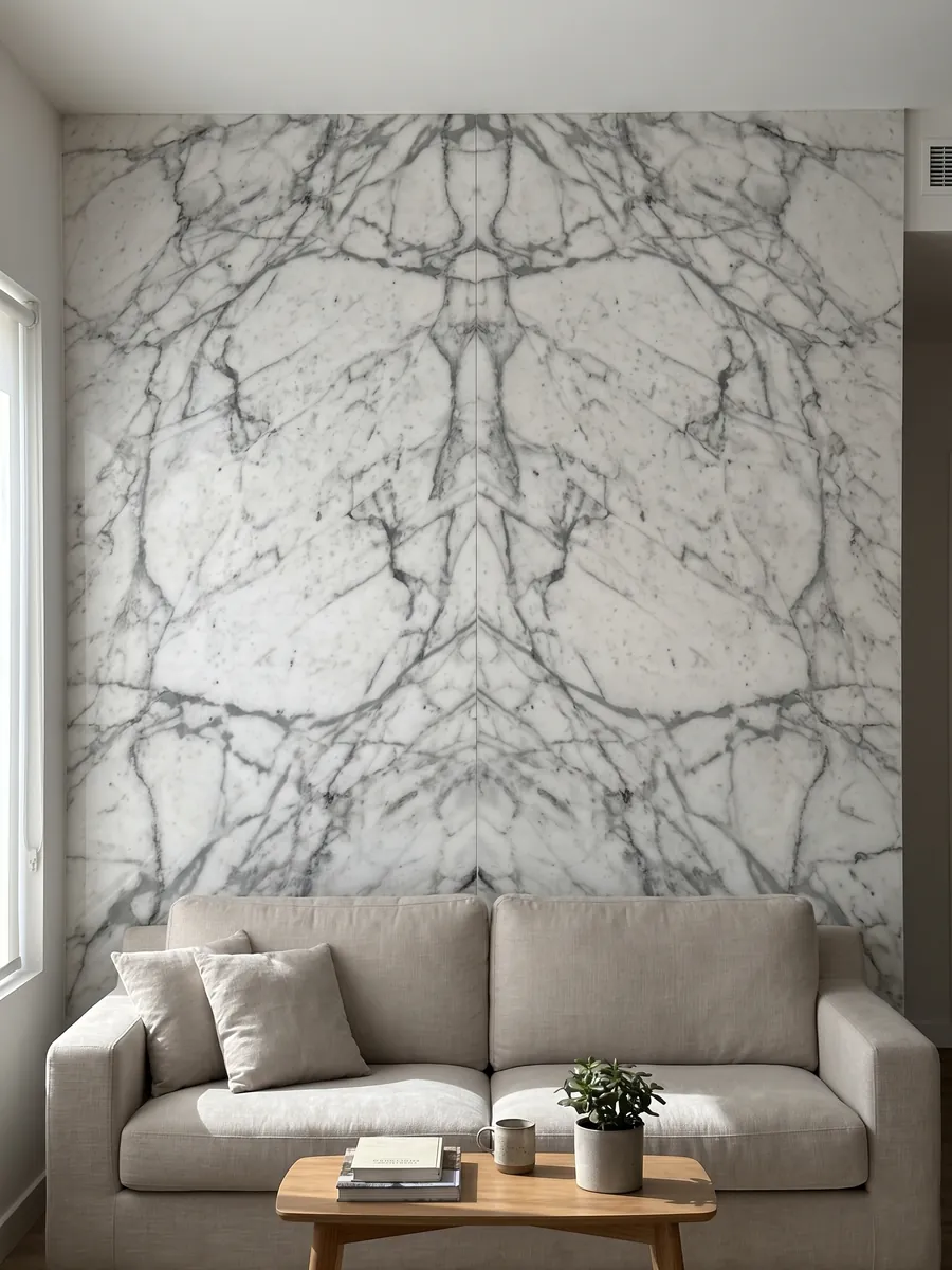 Pared de sala revestida con placas de mármol blanco Calacatta Vagli abiertas en libro detrás de un sofá: blanco con vetas grises finas en red irregular