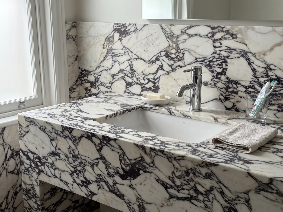 Cubierta de lavabo y pared de baño en mármol blanco Calacatta Viola con lavamanos blanco y grifería cromada: fragmentos blancos rodeados por una red violeta oscura muy densa al centro