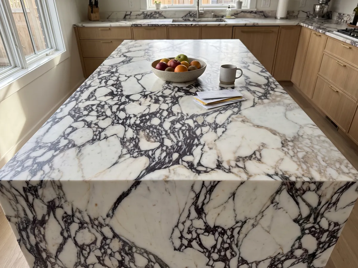 Isla de cocina con cubierta de mármol blanco Calacatta Viola y canto recto en una cocina con luz natural: fragmentos blancos rodeados por una red violeta oscura muy densa al centro