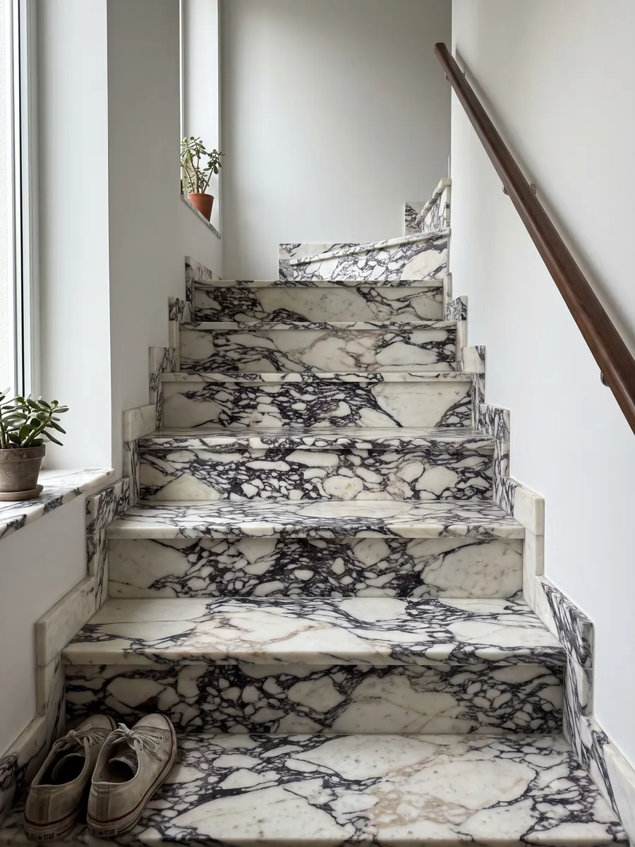 Escalera interior con peldaños de mármol blanco Calacatta Viola con pasamanos: fragmentos blancos rodeados por una red violeta oscura muy densa al centro
