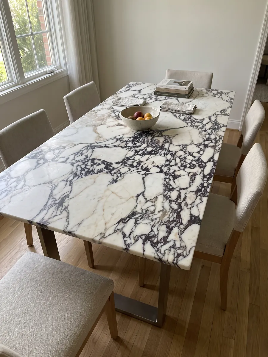 Mesa de comedor con cubierta de mármol blanco Calacatta Viola sobre base de acero: fragmentos blancos rodeados por una red violeta oscura muy densa al centro