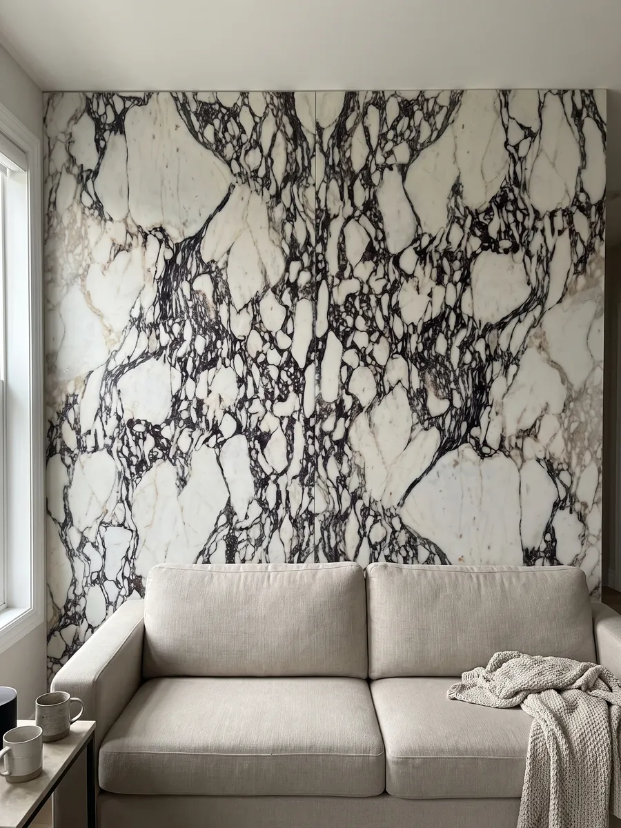 Pared de sala revestida con placas de mármol blanco Calacatta Viola abiertas en libro detrás de un sofá: fragmentos blancos rodeados por una red violeta oscura muy densa al centro