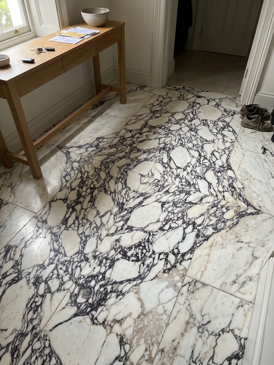 Piso de recibidor en placas grandes de mármol blanco Calacatta Viola con luz natural: fragmentos blancos rodeados por una red violeta oscura muy densa al centro