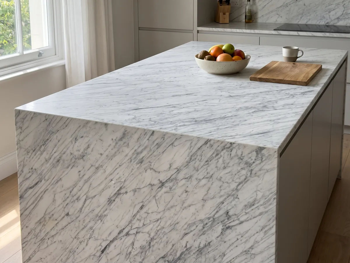 Isla de cocina con cubierta de mármol blanco Carrara C y canto recto en una cocina con luz natural: blanco grisáceo con vetas grises finas paralelas en diagonal