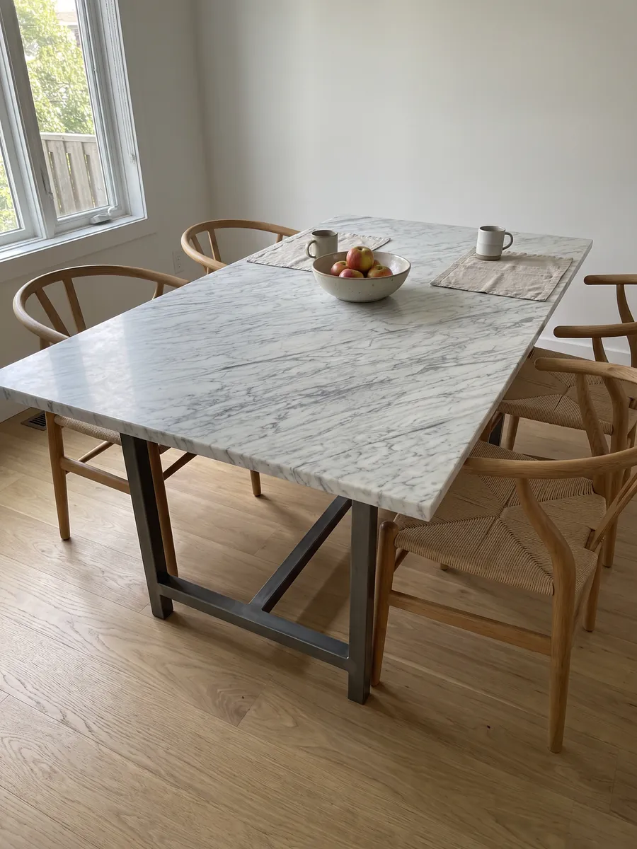 Mesa de comedor con cubierta de mármol blanco Carrara C sobre base de acero: blanco grisáceo con vetas grises finas paralelas en diagonal