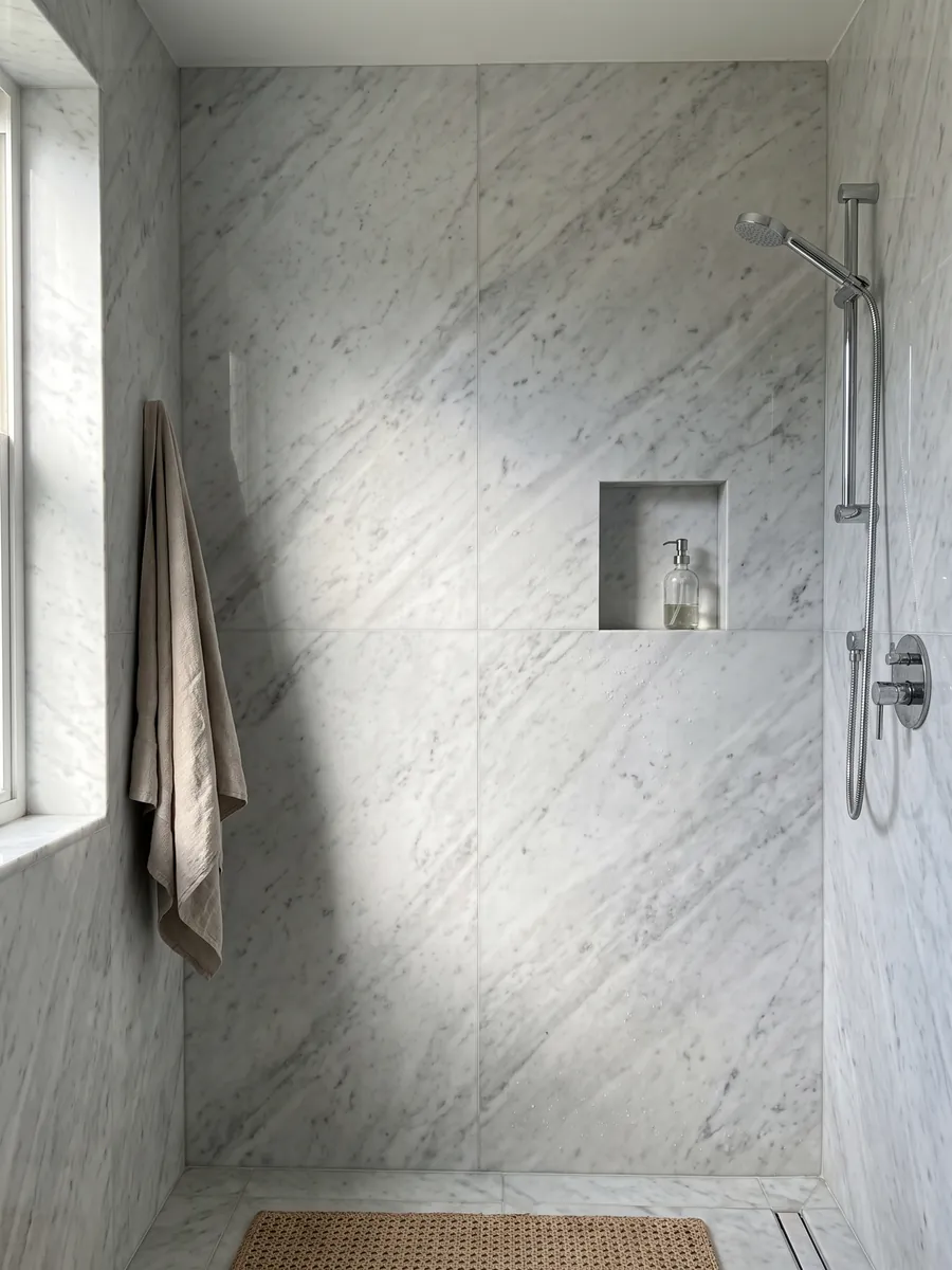 Ducha revestida con placas enteras de mármol blanco Carrara CD con nicho empotrado: blanco grisáceo con manchas grises difusas en diagonal