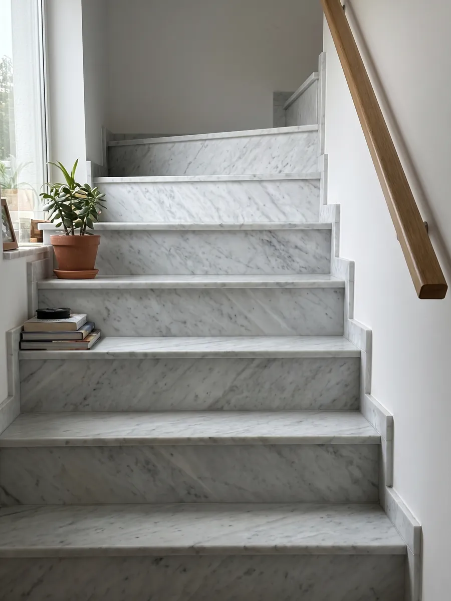 Escalera interior con peldaños de mármol blanco Carrara CD con pasamanos: blanco grisáceo con manchas grises difusas en diagonal