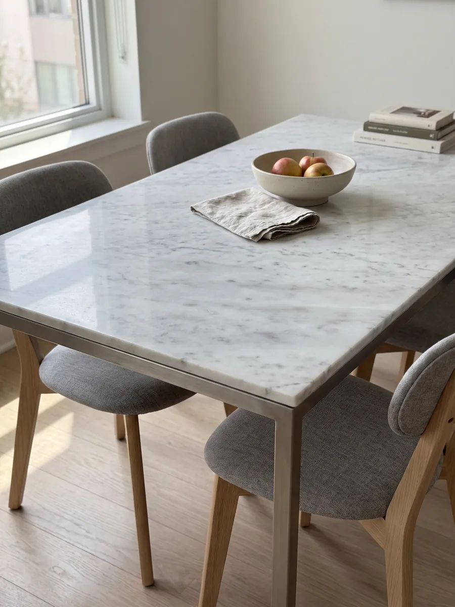 Mesa de comedor con cubierta de mármol blanco Carrara CD sobre base de acero: blanco grisáceo con manchas grises difusas en diagonal
