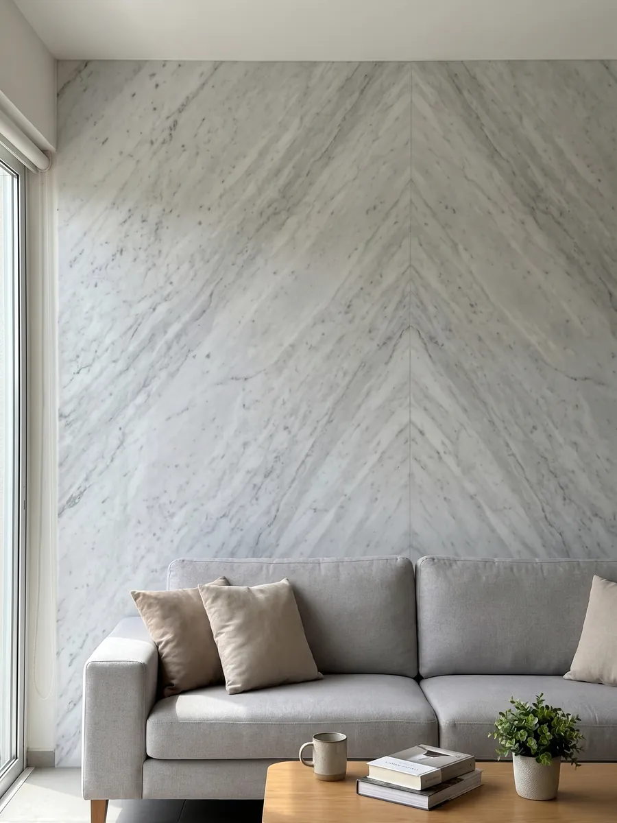 Pared de sala revestida con placas de mármol blanco Carrara CD abiertas en libro detrás de un sofá: blanco grisáceo con manchas grises difusas en diagonal