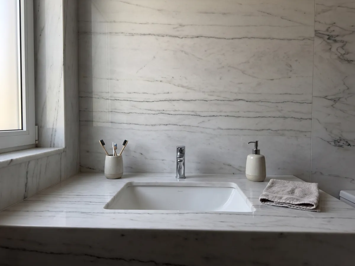 Cubierta de lavabo y pared de baño en mármol blanco Colorado Gold con lavamanos blanco y grifería cromada: blanco grisáceo con vetas oscuras finas horizontales; no se ve dorado en la foto